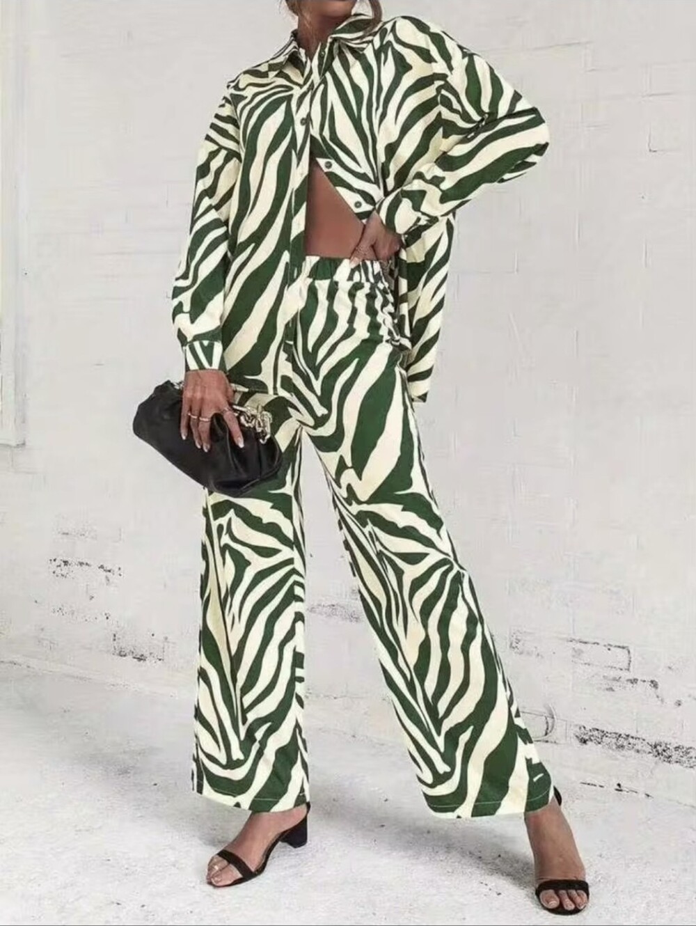 SHEIN Green & Ivory Zebra Print Button-Down Set